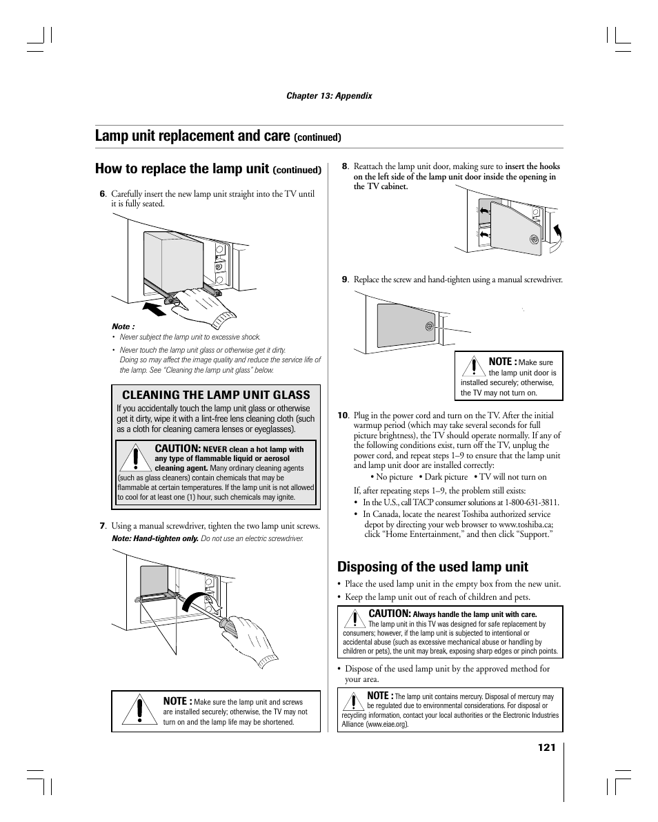 Lamp unit replacement and care, Disposing of the used lamp unit, How to replace the lamp unit | Cleaning the lamp unit glass | Toshiba 56MX195 User Manual | Page 121 / 128