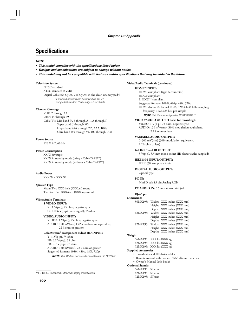Specifications | Toshiba 56MX195 User Manual | Page 122 / 128