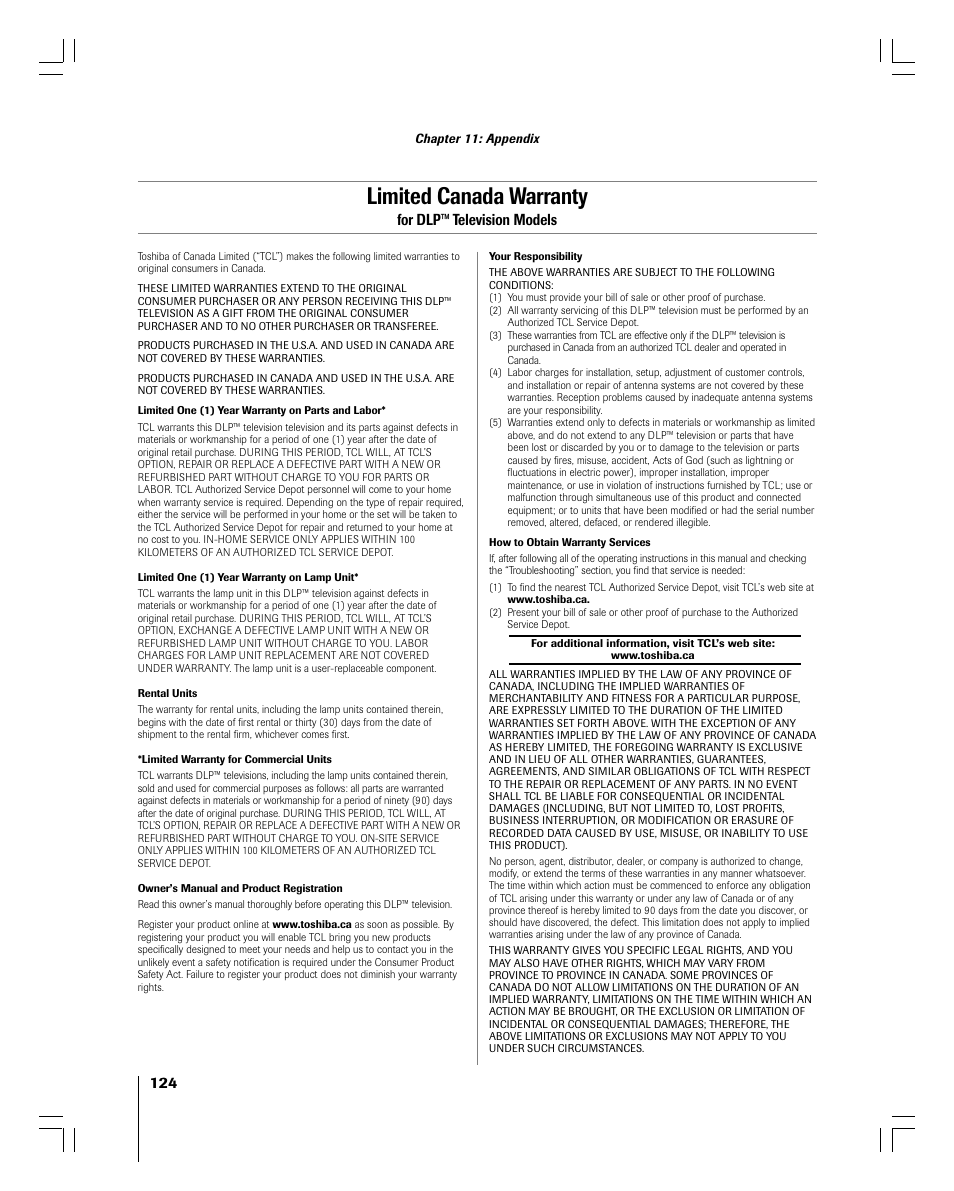 Limited canada warranty, For dlp™ television models | Toshiba 56MX195 User Manual | Page 124 / 128