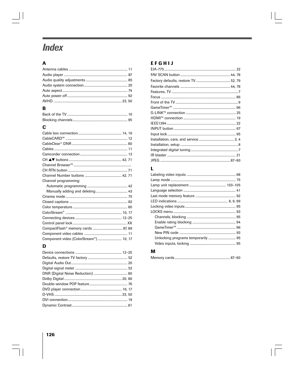 Index | Toshiba 56MX195 User Manual | Page 126 / 128