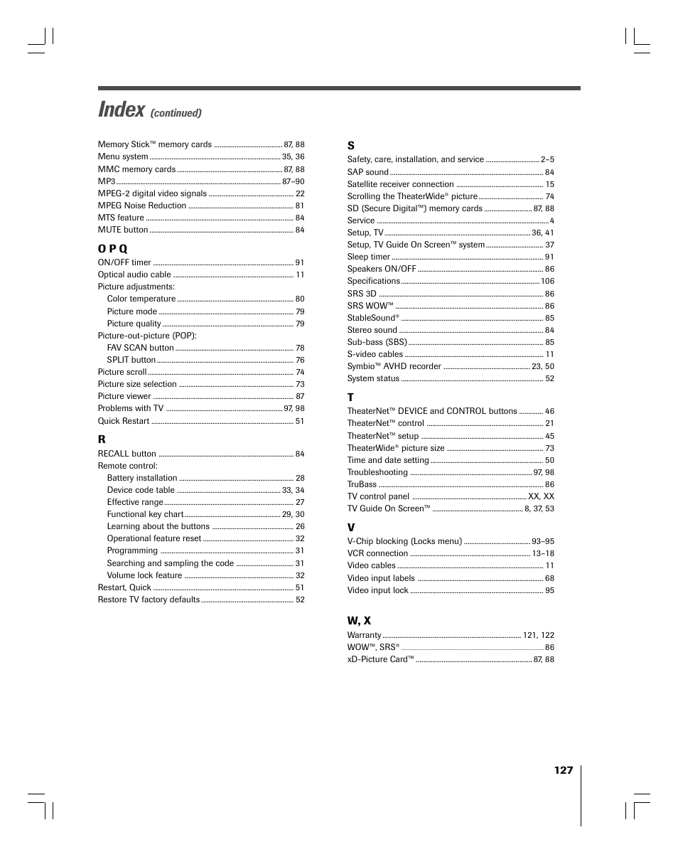 Index | Toshiba 56MX195 User Manual | Page 127 / 128