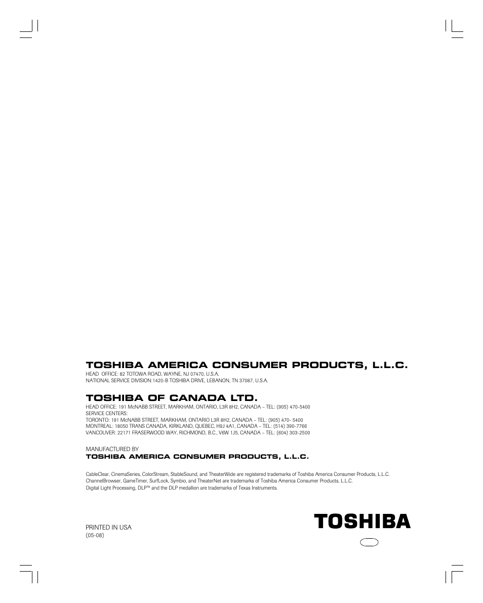 Toshiba america consumer products, l.l.c, Toshiba of canada ltd | Toshiba 56MX195 User Manual | Page 128 / 128