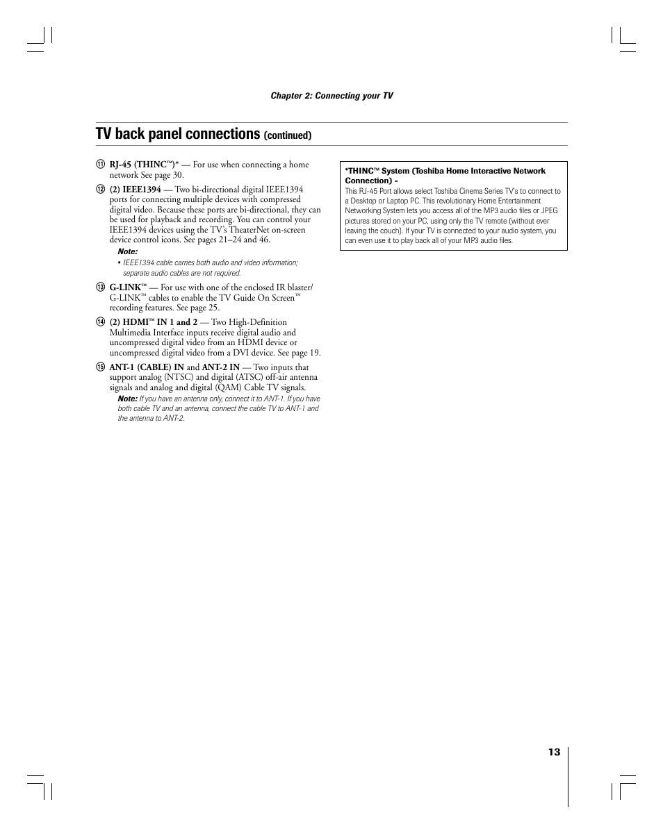 Tv back panel connections, Continued) | Toshiba 56MX195 User Manual | Page 13 / 128