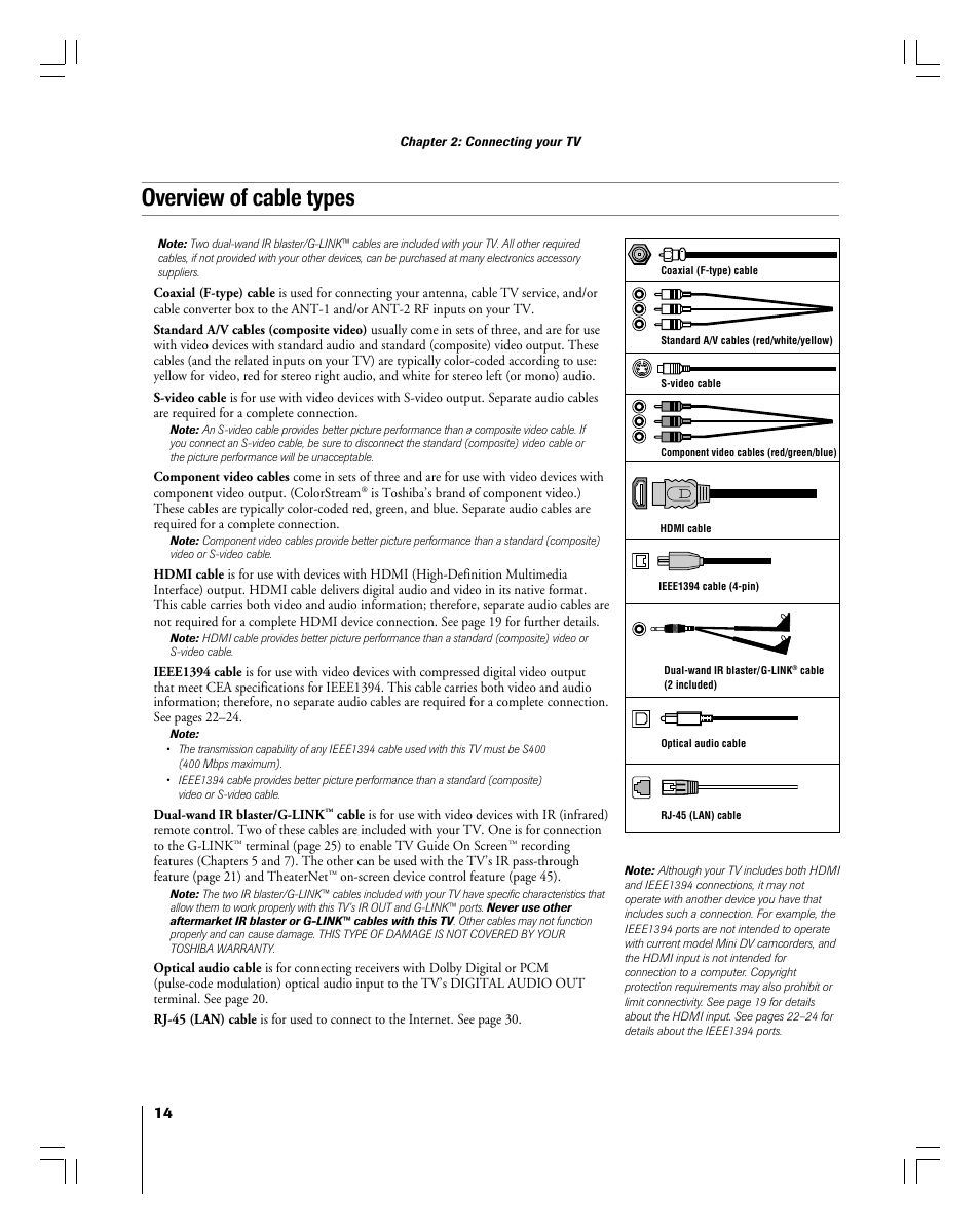 Overview of cable types | Toshiba 56MX195 User Manual | Page 14 / 128