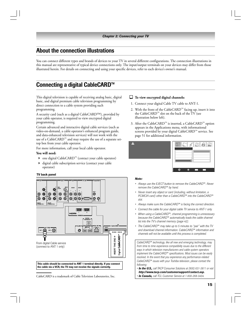 About the connection illustrations, Connecting a digital cablecard | Toshiba 56MX195 User Manual | Page 15 / 128