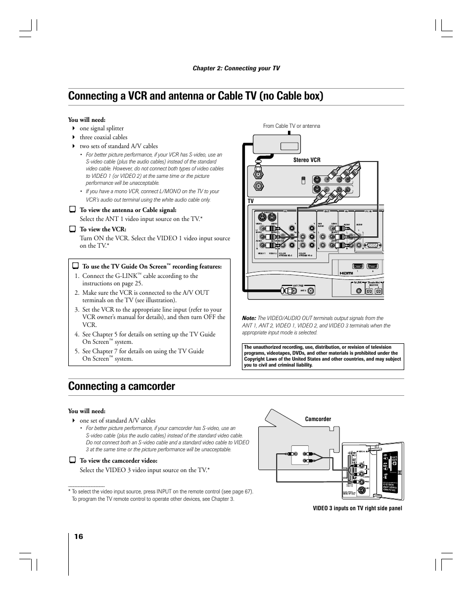 Connecting a camcorder | Toshiba 56MX195 User Manual | Page 16 / 128