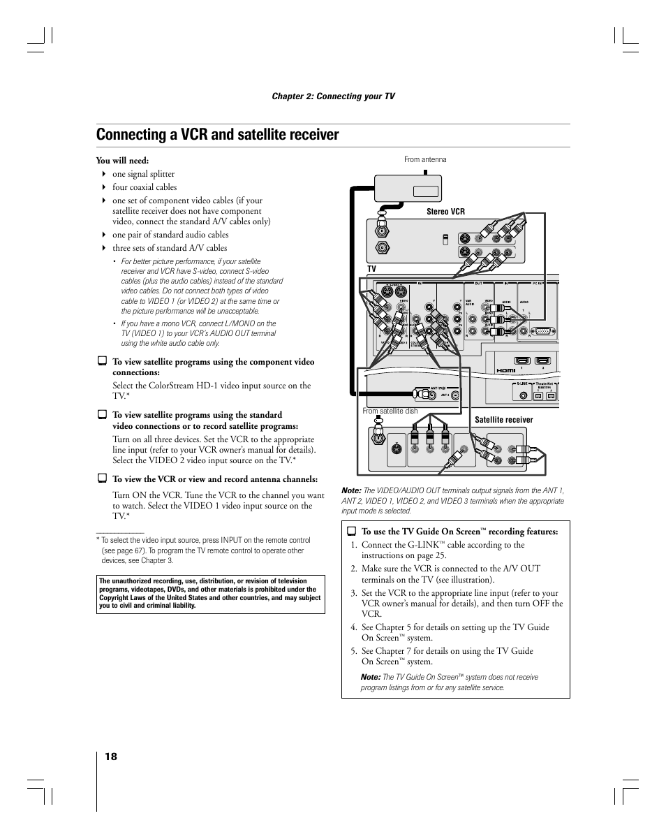 Connecting a vcr and satellite receiver, Chapter 2: connecting your tv, Recording features: 1. connect the g-link | System | Toshiba 56MX195 User Manual | Page 18 / 128