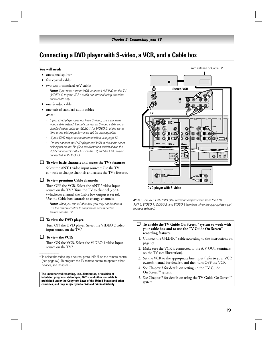 Chapter 2: connecting your tv, Recording features: 1. connect the g-link, System | Toshiba 56MX195 User Manual | Page 19 / 128
