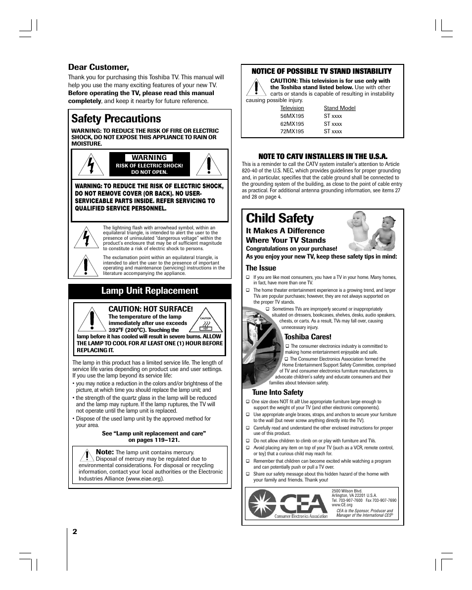 Child safety, Safety precautions, Lamp unit replacement | Dear customer | Toshiba 56MX195 User Manual | Page 2 / 128