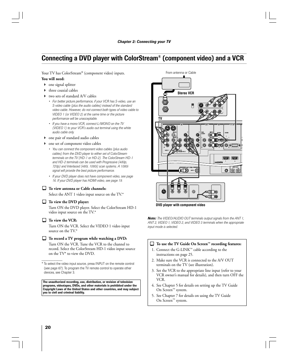 Connecting a dvd player with colorstream, Component video) and a vcr, Chapter 2: connecting your tv | Your tv has colorstream, Recording features: 1. connect the g-link, System | Toshiba 56MX195 User Manual | Page 20 / 128