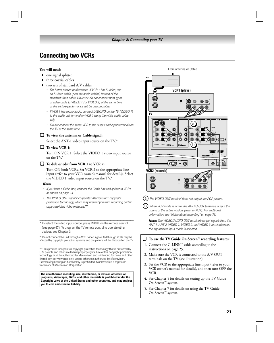 Connecting two vcrs | Toshiba 56MX195 User Manual | Page 21 / 128