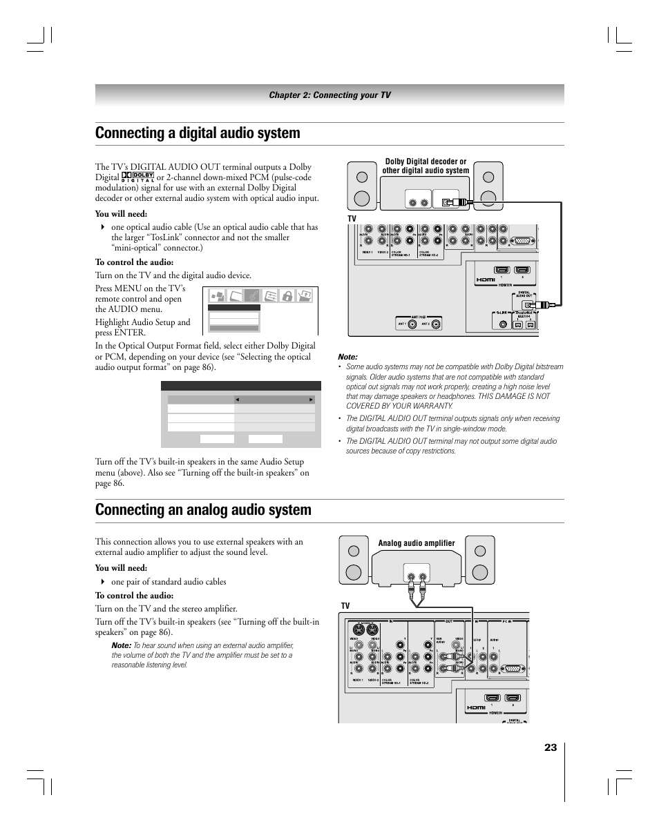 Connecting a digital audio system, Connecting an analog audio system | Toshiba 56MX195 User Manual | Page 23 / 128