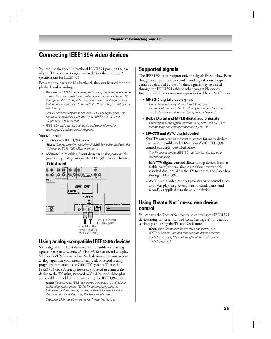 Connecting ieee1394 video devices, Using analog-compatible ieee1394 devices, Supported signals | Using theaternet, On-screen device control | Toshiba 56MX195 User Manual | Page 25 / 128