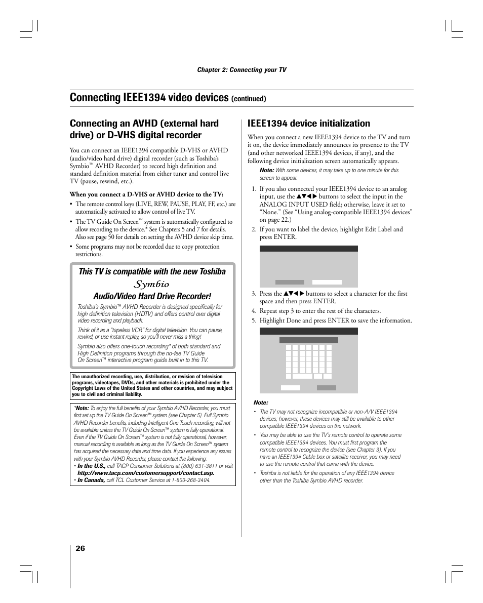 Connecting ieee1394 video devices, Ieee1394 device initialization, Continued) | Chapter 2: connecting your tv | Toshiba 56MX195 User Manual | Page 26 / 128