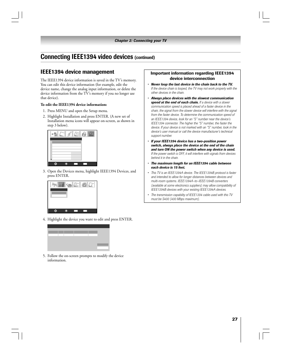 Connecting ieee1394 video devices, Ieee1394 device management, Continued) | Chapter 2: connecting your tv | Toshiba 56MX195 User Manual | Page 27 / 128