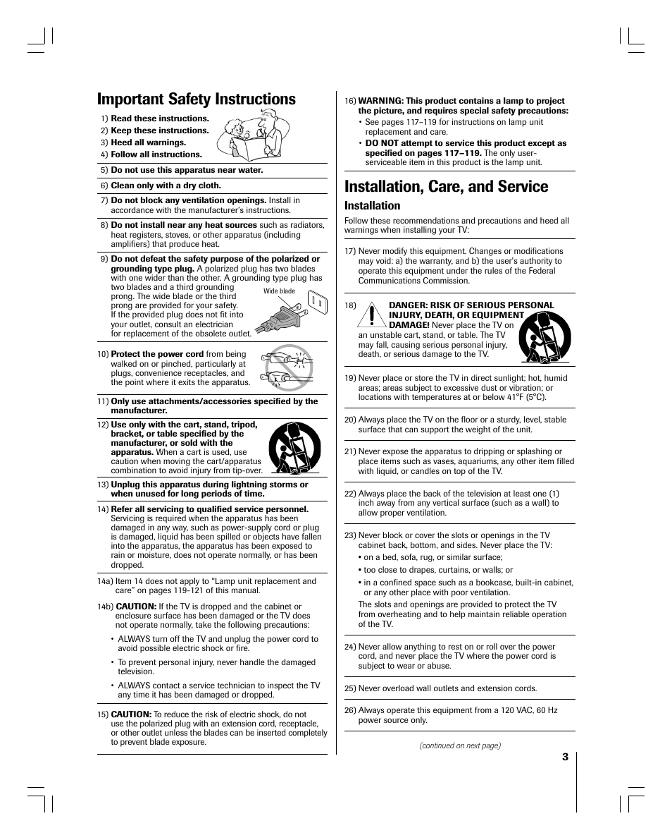 Installation, care, and service, Important safety instructions, Installation | Toshiba 56MX195 User Manual | Page 3 / 128
