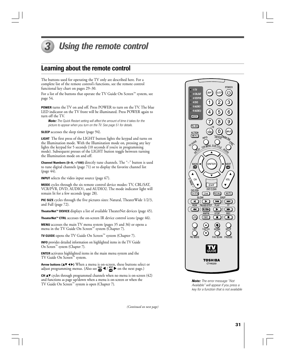 Using the remote control, Learning about the remote control | Toshiba 56MX195 User Manual | Page 31 / 128