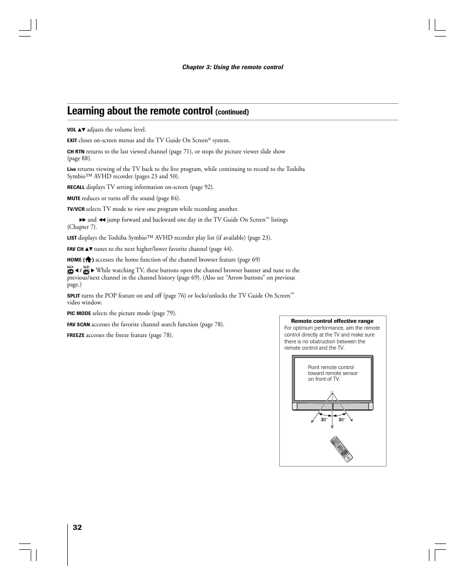 Learning about the remote control, Continued) | Toshiba 56MX195 User Manual | Page 32 / 128