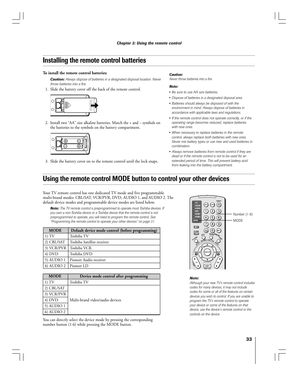 Installing the remote control batteries | Toshiba 56MX195 User Manual | Page 33 / 128