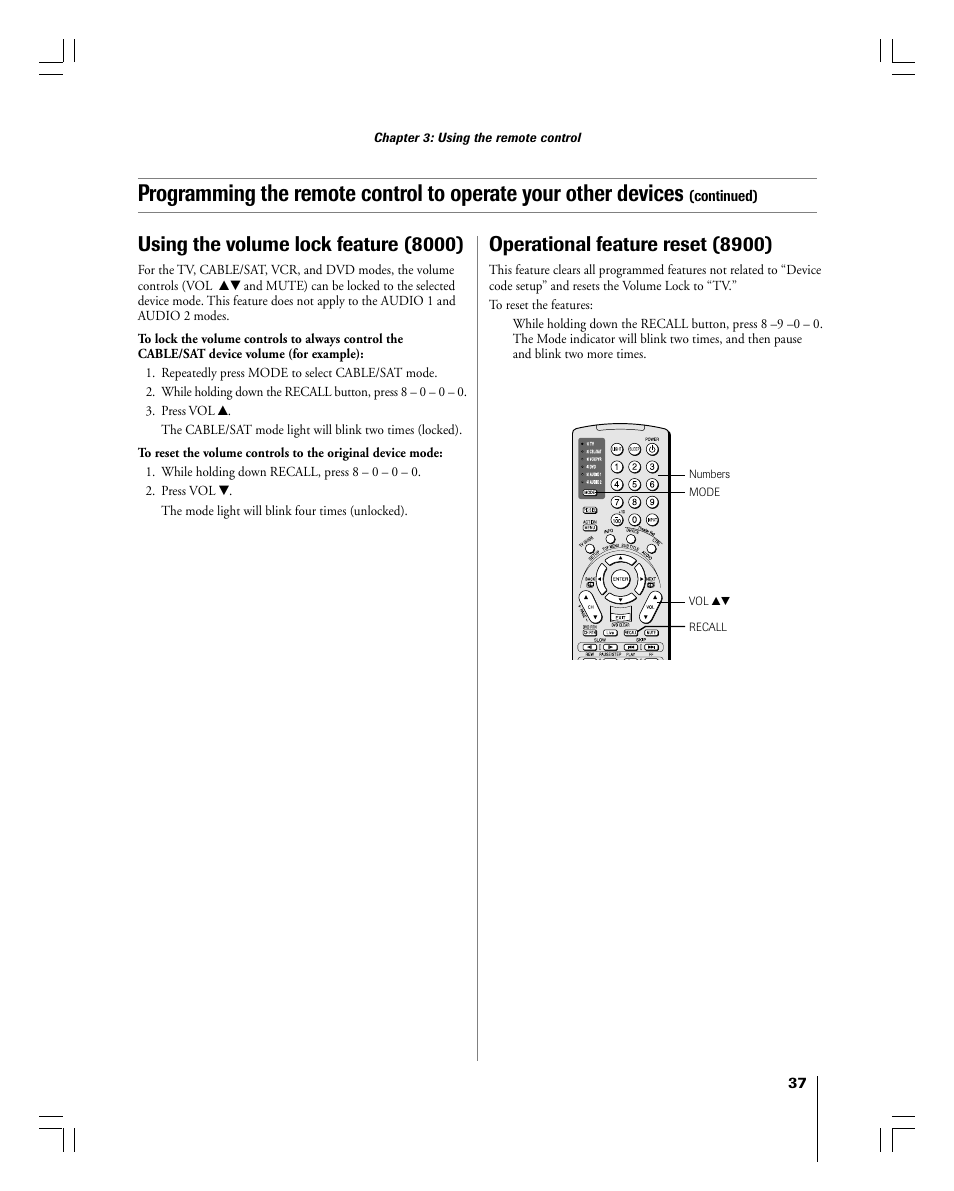 Operational feature reset (8900), Using the volume lock feature (8000) | Toshiba 56MX195 User Manual | Page 37 / 128