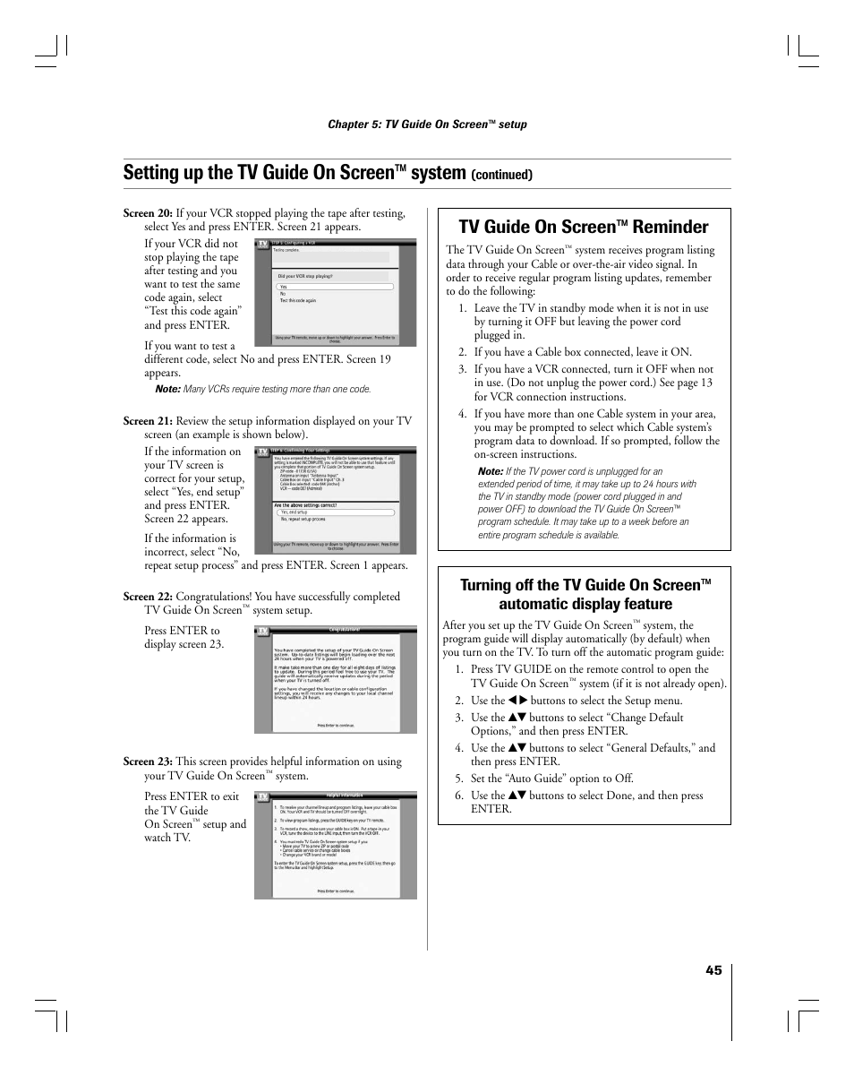 Setting up the tv guide on screen™ system, Tv guide on screen™ reminder | Toshiba 56MX195 User Manual | Page 45 / 128