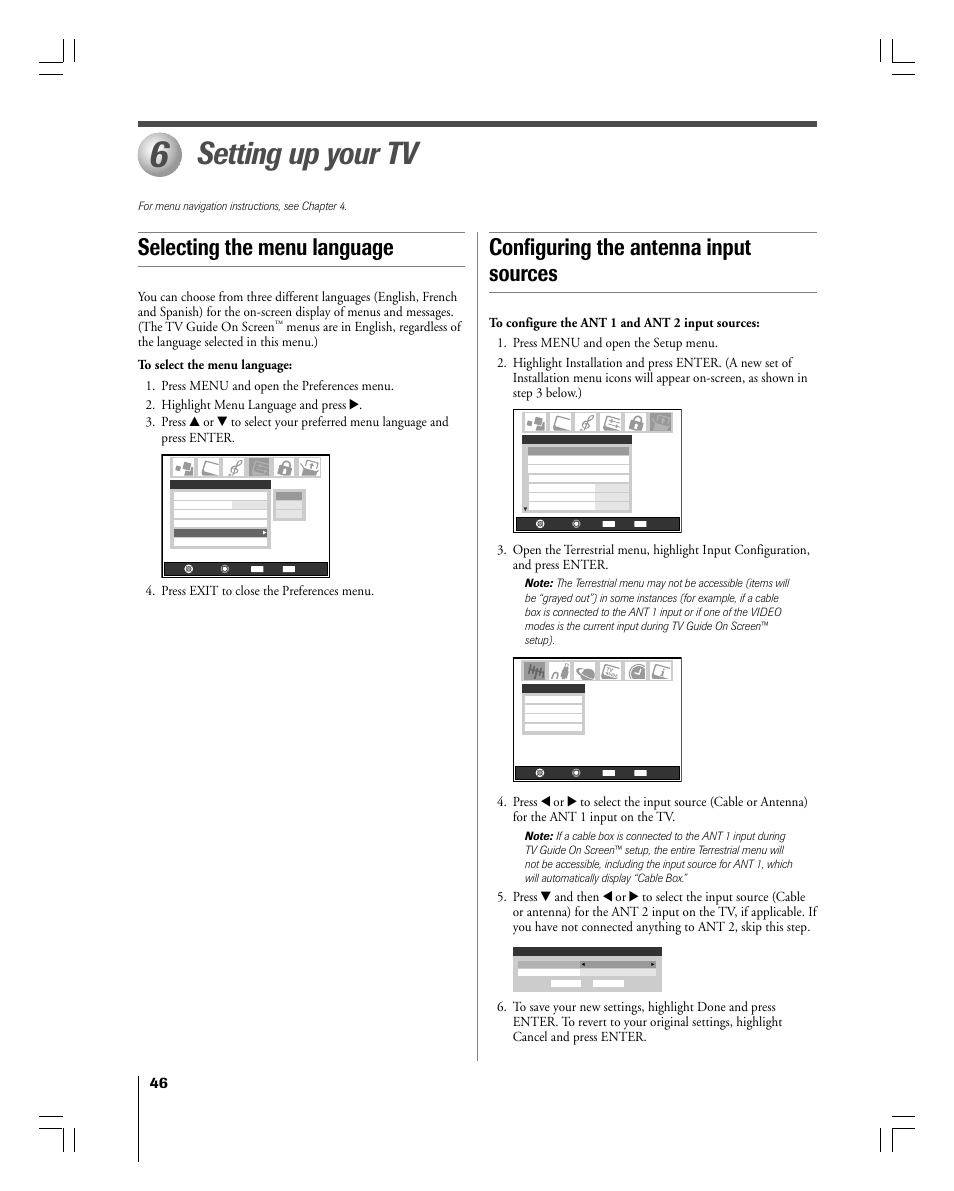 Setting up your tv, Selecting the menu language, Configuring the antenna input sources | Press exit to close the preferences menu | Toshiba 56MX195 User Manual | Page 46 / 128