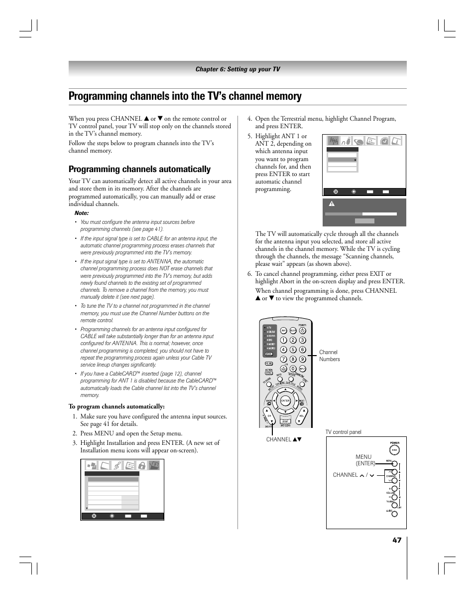 Programming channels automatically | Toshiba 56MX195 User Manual | Page 47 / 128