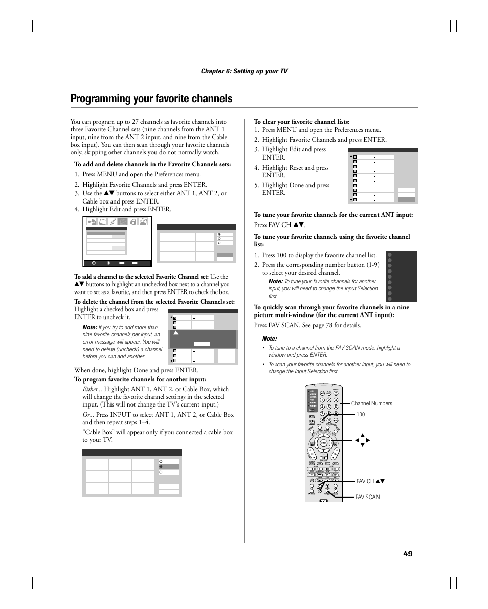 Programming your favorite channels | Toshiba 56MX195 User Manual | Page 49 / 128