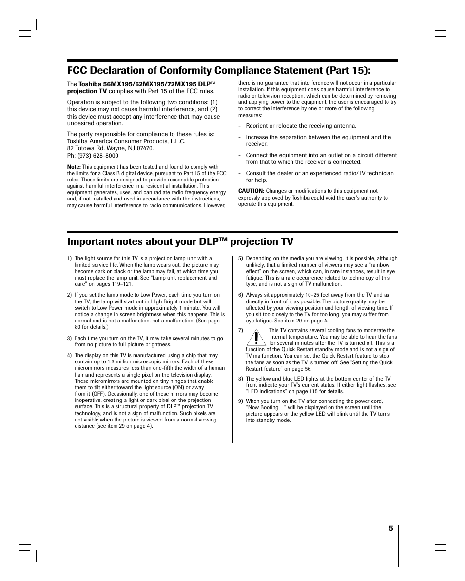Projection tv | Toshiba 56MX195 User Manual | Page 5 / 128