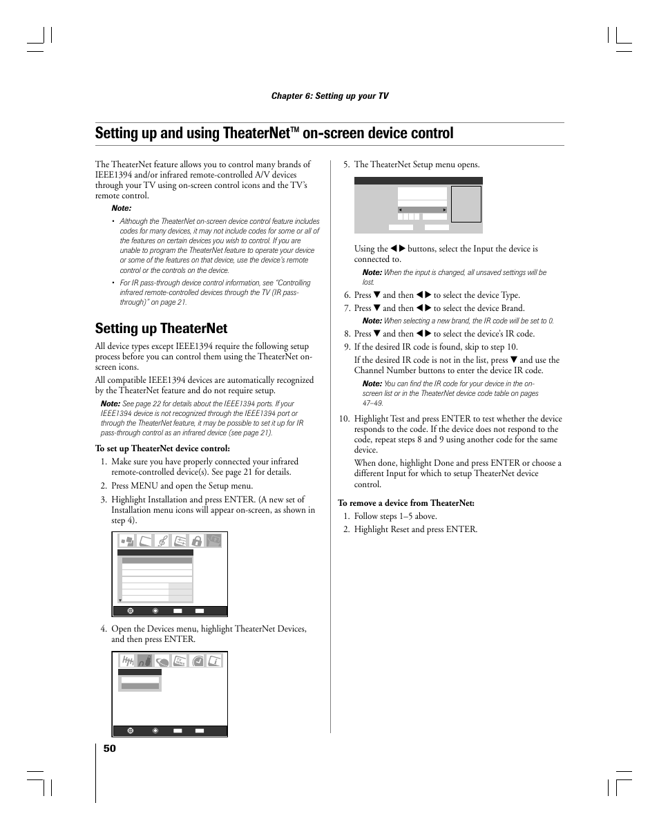 Setting up theaternet, The theaternet setup menu opens | Toshiba 56MX195 User Manual | Page 50 / 128