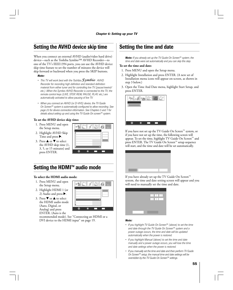 Setting the avhd device skip time, Setting the hdmi™ audio mode, Setting the time and date | If you have not set up the tv guide on screen, And press enter. the tv guide on screen, If you have already set up the tv guide on screen | Toshiba 56MX195 User Manual | Page 55 / 128