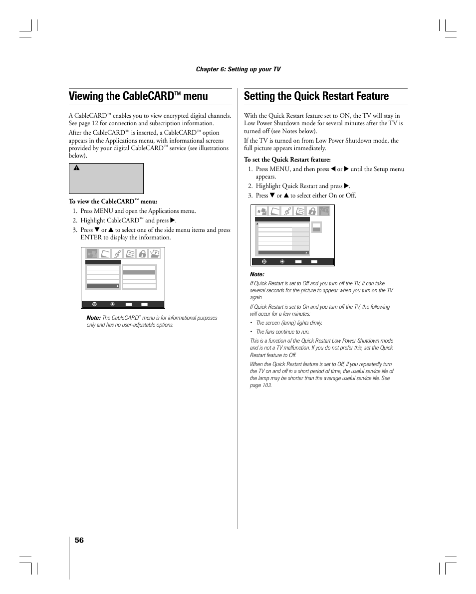 Viewing the cablecard™ menu, Setting the quick restart feature, A cablecard | Is inserted, a cablecard, Service (see illustrations below), Chapter 6: setting up your tv | Toshiba 56MX195 User Manual | Page 56 / 128