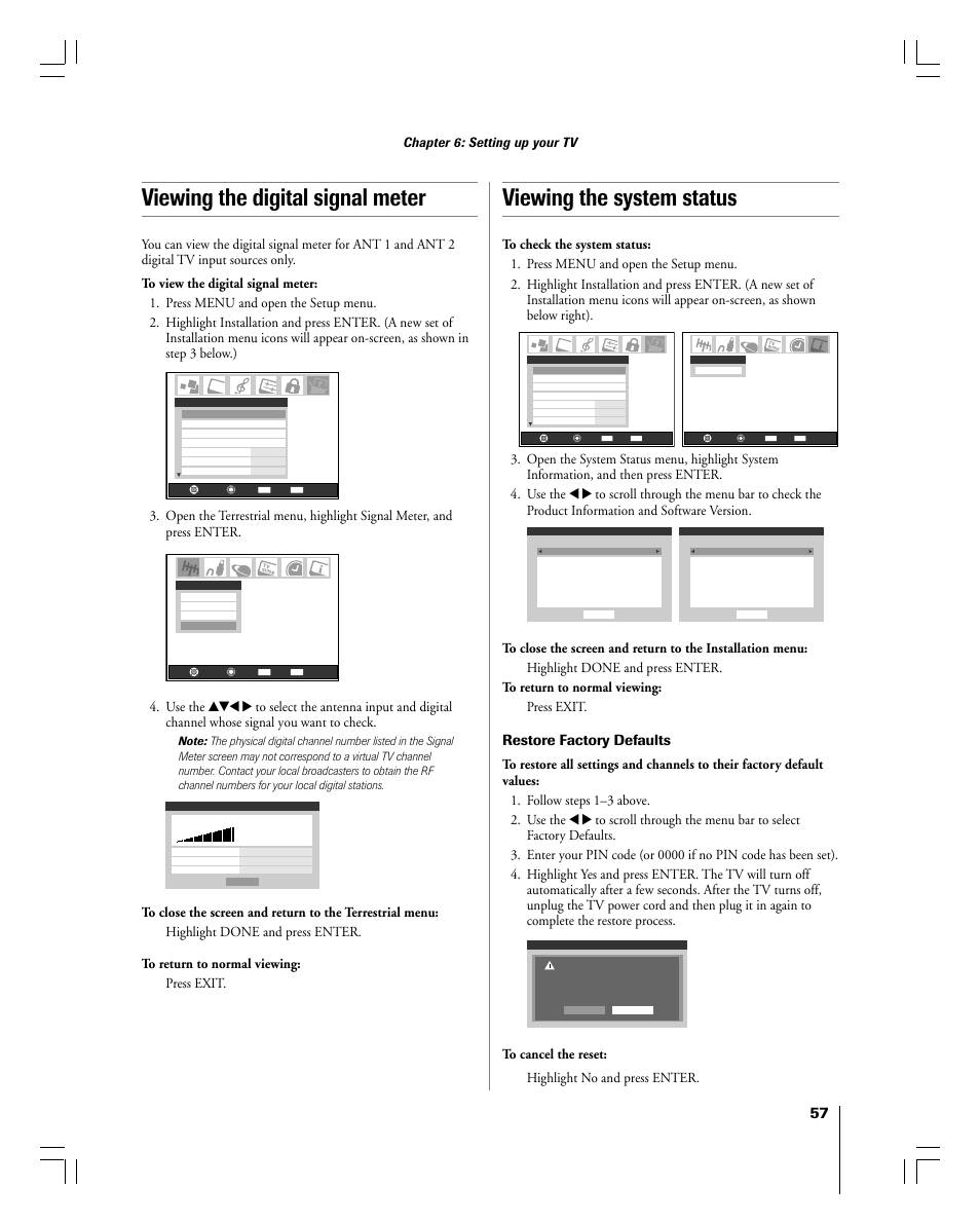 Restore factory defaults | Toshiba 56MX195 User Manual | Page 57 / 128