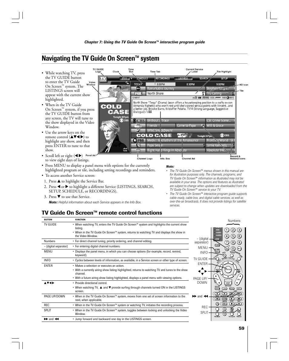Navigating the tv guide on screen™ system, Tv guide on screen™ remote control functions | Toshiba 56MX195 User Manual | Page 59 / 128