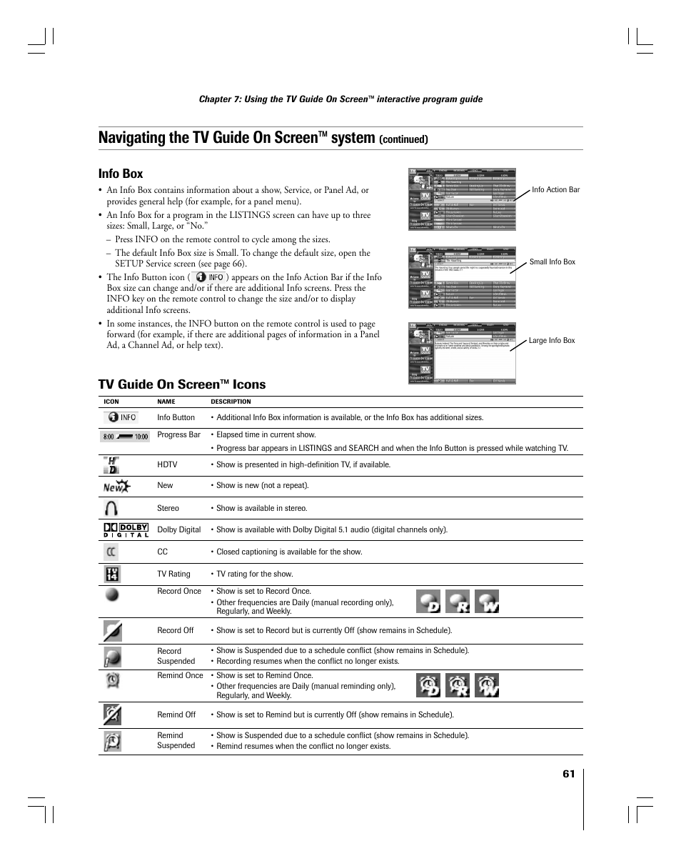 Navigating the tv guide on screen™ system, Tv guide on screen™ icons, Info box | Continued) | Toshiba 56MX195 User Manual | Page 61 / 128