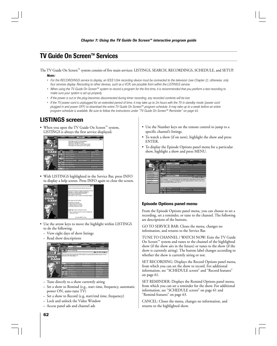 Tv guide on screen™ services, Listings screen | Toshiba 56MX195 User Manual | Page 62 / 128