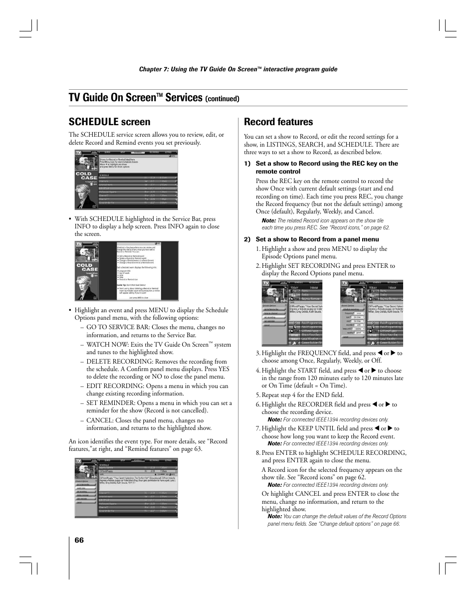 Tv guide on screen™ services, Schedule screen, Record features | Toshiba 56MX195 User Manual | Page 66 / 128