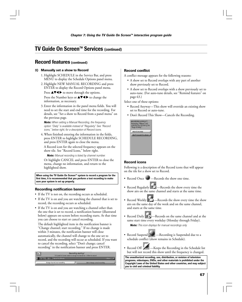 Tv guide on screen™ services, Record features | Toshiba 56MX195 User Manual | Page 67 / 128