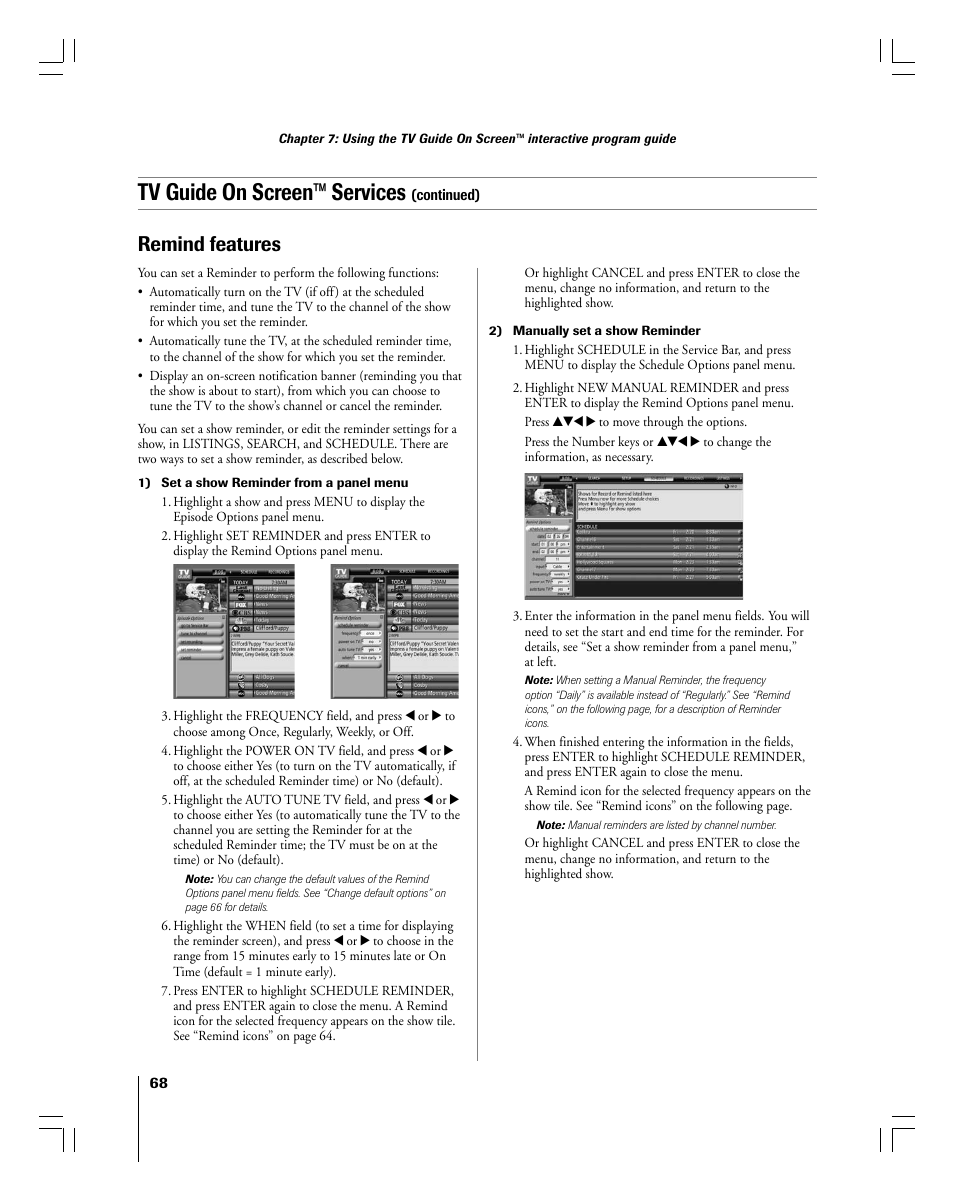 Tv guide on screen™ services, Remind features | Toshiba 56MX195 User Manual | Page 68 / 128