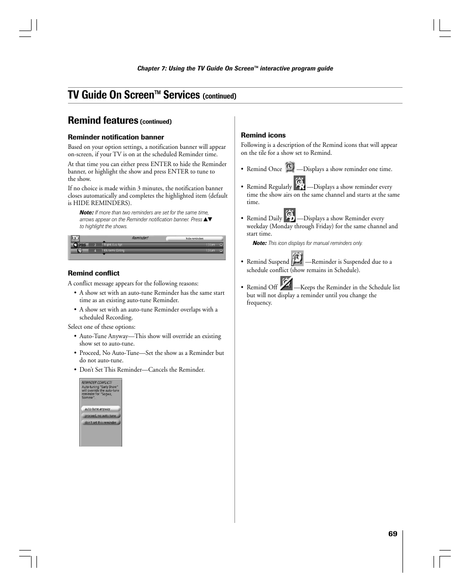 Tv guide on screen™ services, Remind features | Toshiba 56MX195 User Manual | Page 69 / 128