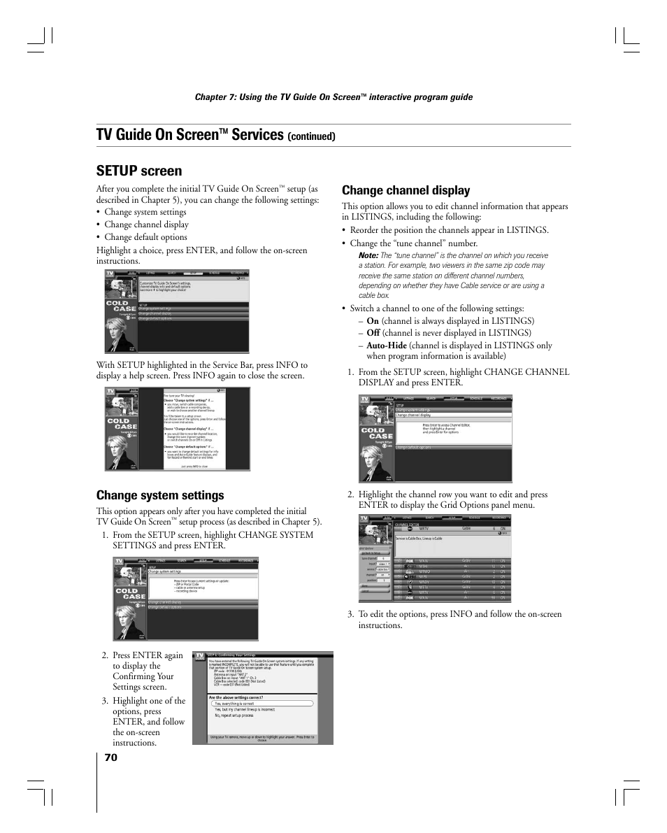 Tv guide on screen™ services, Setup screen, Change system settings | Change channel display | Toshiba 56MX195 User Manual | Page 70 / 128