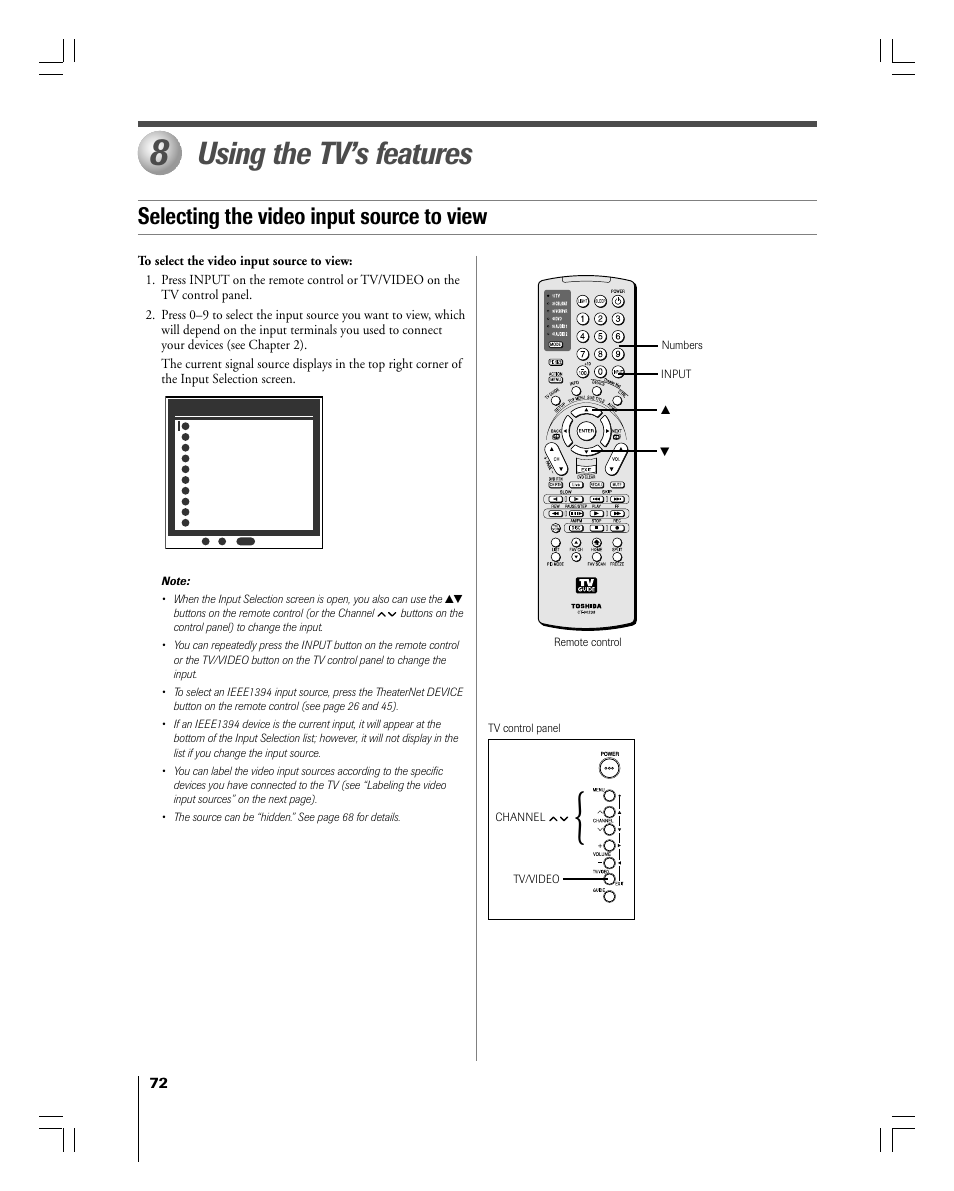 Using the tv’s features, Selecting the video input source to view | Toshiba 56MX195 User Manual | Page 72 / 128