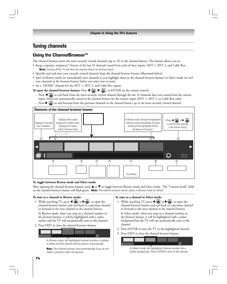 Tuning channels, Using the channelbrowser, Abcd-dtv | Toshiba 56MX195 User Manual | Page 74 / 128