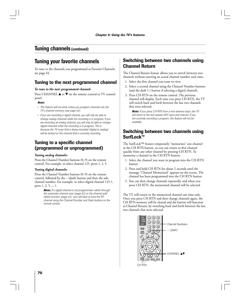 Tuning your favorite channels, Tuning channels, Tuning to the next programmed channel | Switching between two channels using surflock | Toshiba 56MX195 User Manual | Page 76 / 128