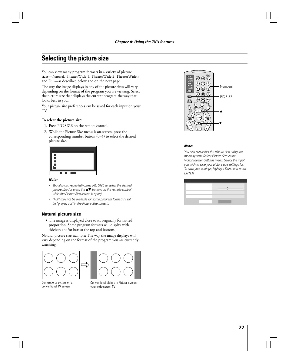 Selecting the picture size, Natural picture size | Toshiba 56MX195 User Manual | Page 77 / 128