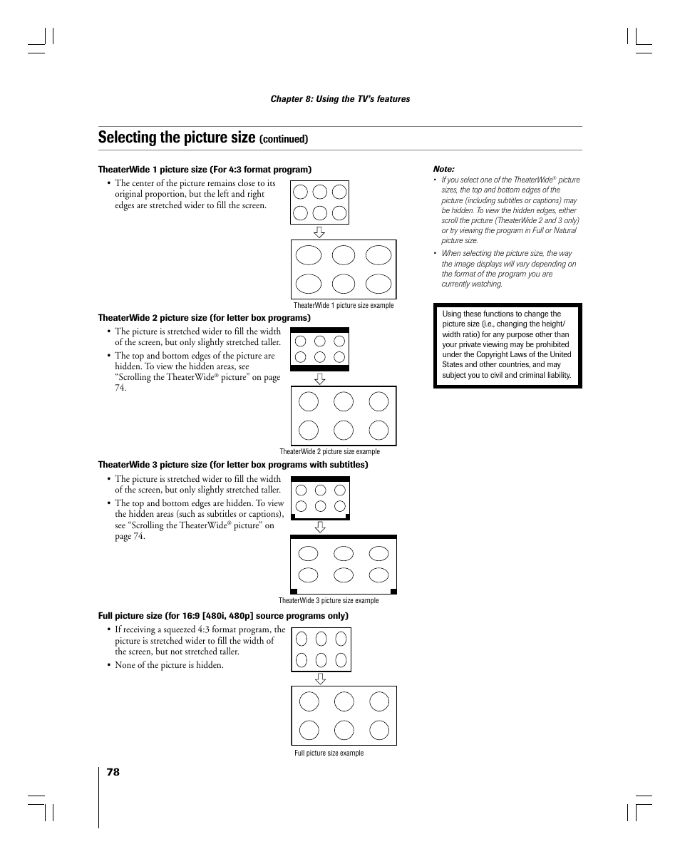 Selecting the picture size, Continued) | Toshiba 56MX195 User Manual | Page 78 / 128