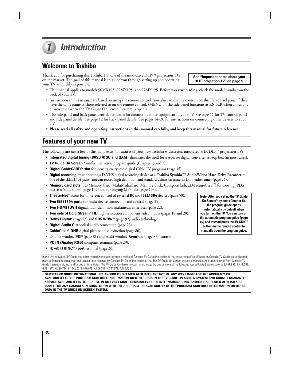 Introduction, Welcome to toshiba features of your new tv | Toshiba 56MX195 User Manual | Page 8 / 128