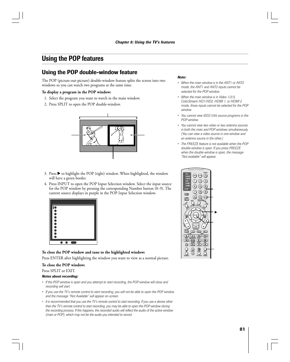 Using the pop features, Using the pop double-window feature | Toshiba 56MX195 User Manual | Page 81 / 128