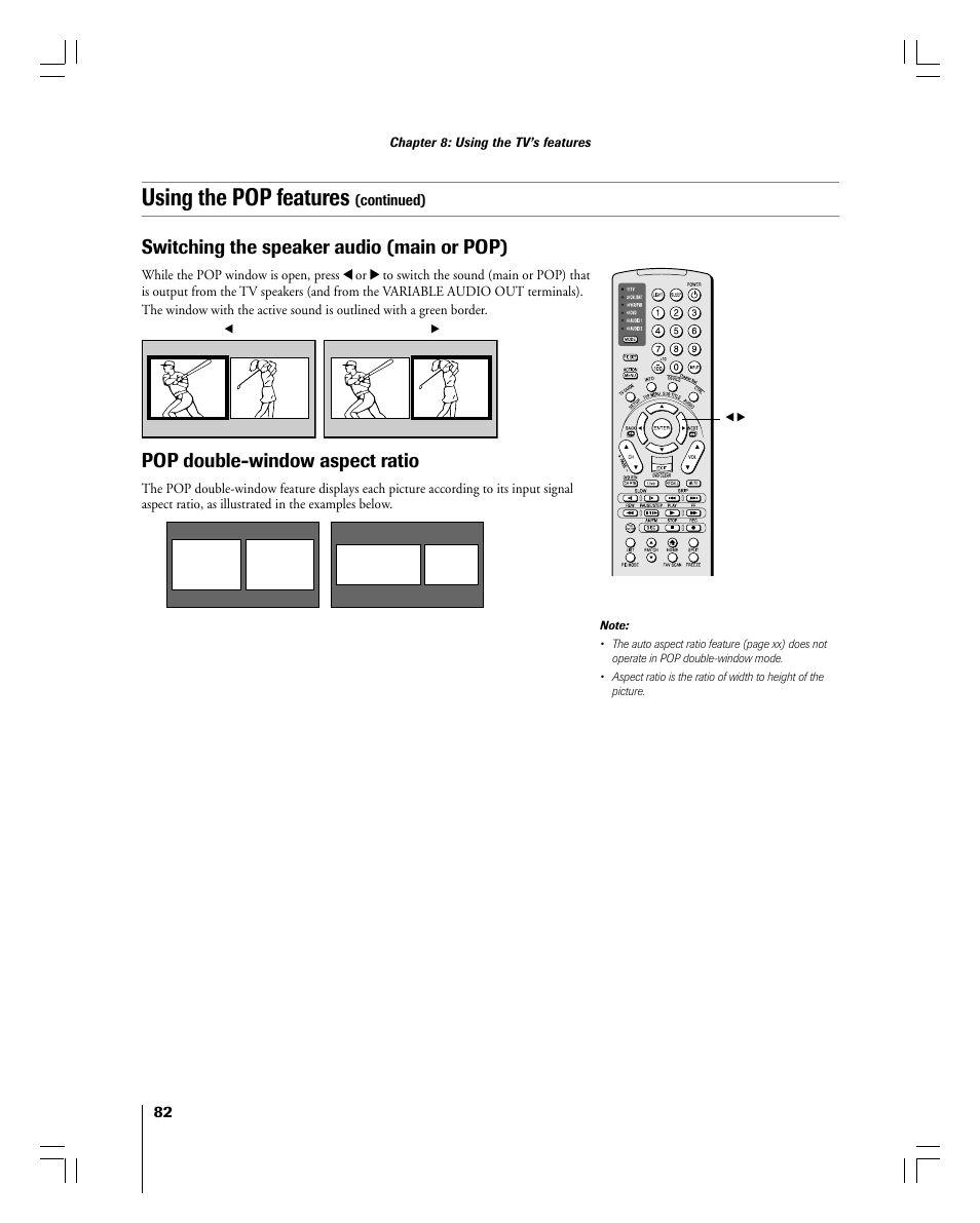 Using the pop features, Switching the speaker audio (main or pop), Pop double-window aspect ratio | Continued) | Toshiba 56MX195 User Manual | Page 82 / 128