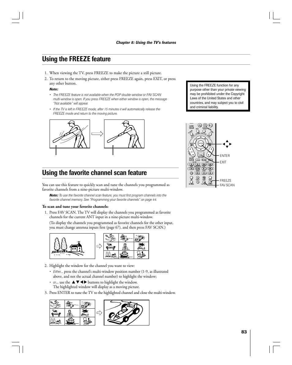 Using the favorite channel scan feature, Using the freeze feature, Chapter 8: using the tv’s features | Toshiba 56MX195 User Manual | Page 83 / 128